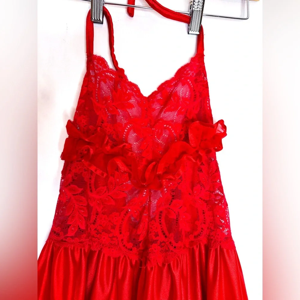 Vintage Red Lace & Satin Babydoll Slip Dress Lingerie Vamp Glamour Valentines - Picture 6 of 15